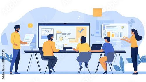 Group of colleagues working on project planning together in a collaborative office setting with digital tools 