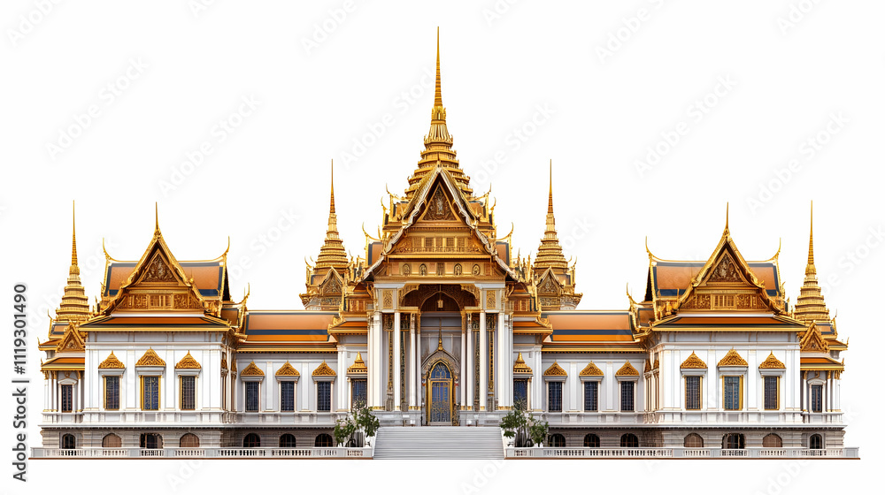 Fototapeta premium Ornate temple structure with golden spires and intricate architectural details.