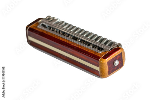 Harmonica Rhapsody: A richly hued wooden harmonica, meticulously crafted with gleaming metal reeds, rests elegantly, promising a soulful melody.  photo