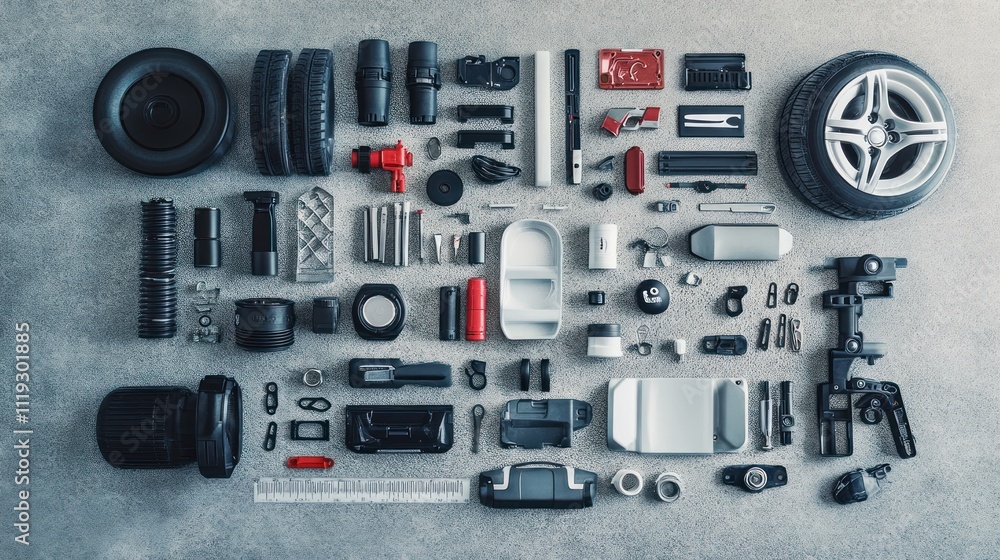 Fototapeta premium Flat lay of repair parts and car necessities on textured background