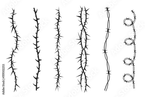Thorn stem vine plant with spikes simple border y2k creepy branch. Barbed wire tattoo. Boundary frame. 