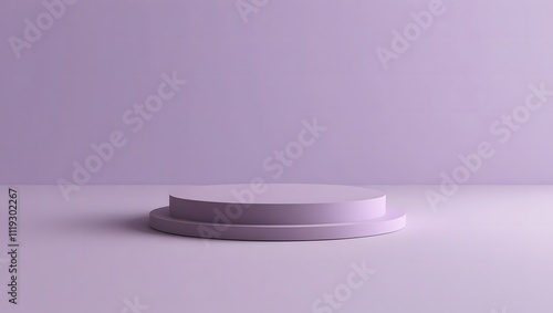 Empty podium or pedestal display on lilac, purple, lavender background with cylinder stand concept. Blank product presentation podium backdrop. 3D rendering.