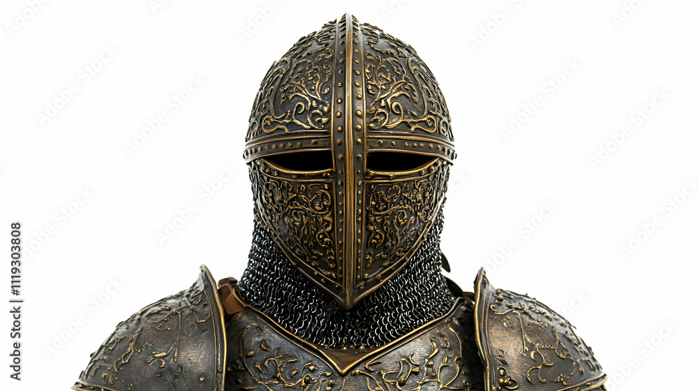 Ornate medieval helmet with intricate designs and chainmail, showcasing craftsmanship. Ornate medieval helmet with intricate designs and chainmail, showcasing craftsmanship.