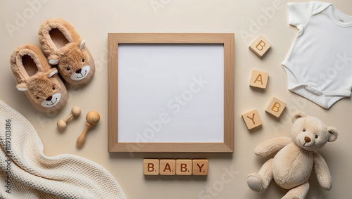 Pregnancy, baby coming announcement template, square wooden frame mockup, cozy fall flat lay composition with warm baby overall, teddy bear, toy and blanket.
