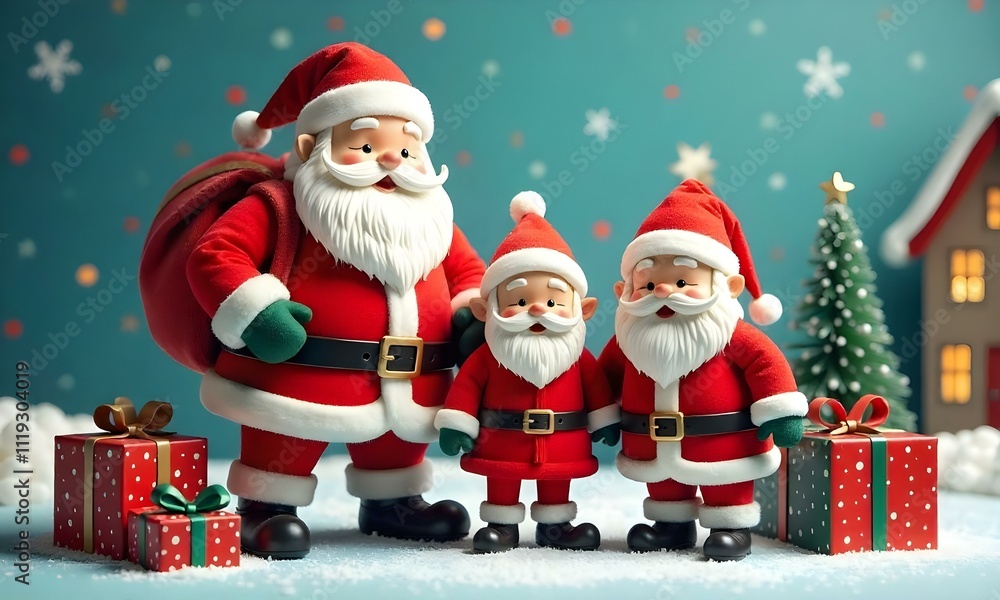A group of Santa Claus figures, including a large Santa, a medium-sized Santa, and a small Santa, standing together with a young elf figure. They are surrounded by presents , snowflakes , and a house A group of Santa Claus figures, including a large Santa, a medium-sized Santa, and a small Santa, standing together with a young elf figure. They are surrounded by presents , snowflakes , and a house