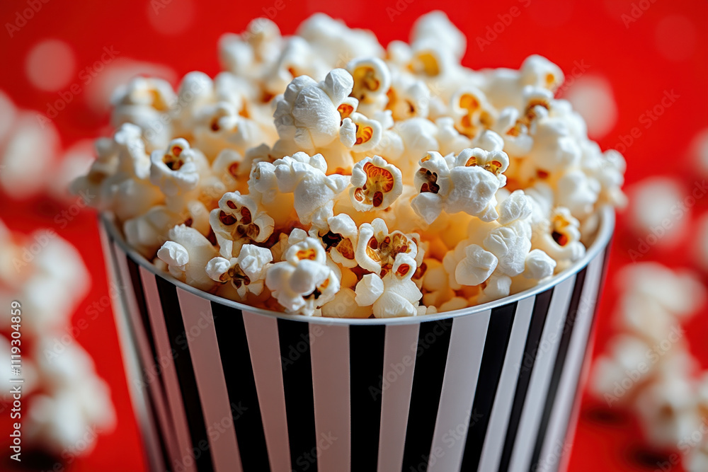 Popcorn in striped bucket on red background. (1) Popcorn in striped bucket on red background. (1)