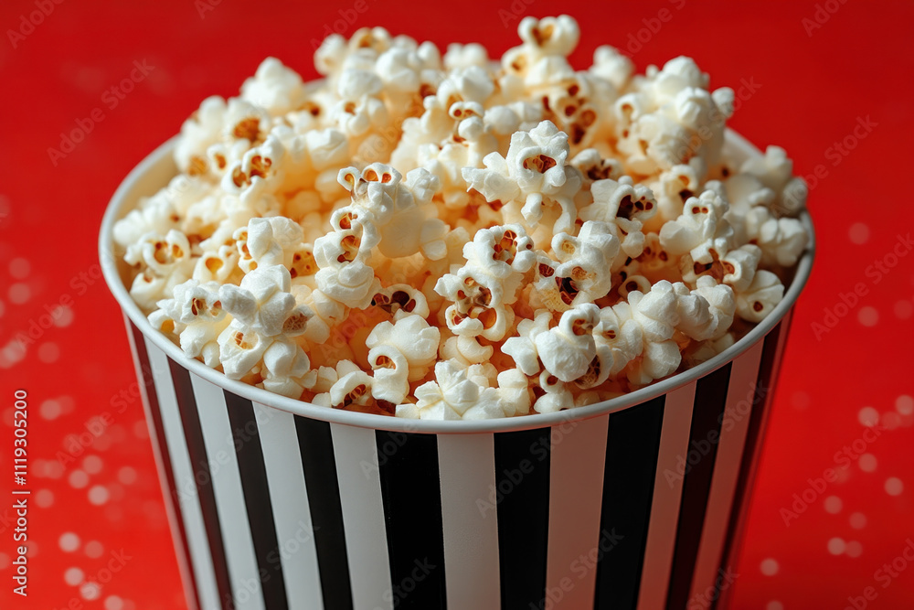 Popcorn in striped bucket on red background. (2) Popcorn in striped bucket on red background. (2)