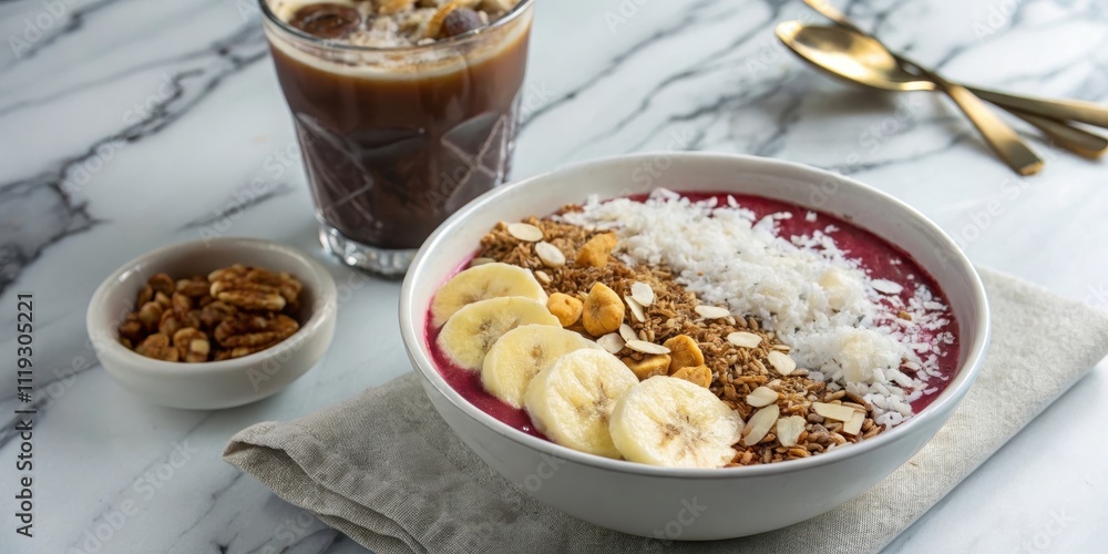 A vibrant smoothie bowl brimming with sliced bananas, granola, shredded coconut, and pecan pieces, accompanied by a glass of iced coffee A vibrant smoothie bowl brimming with sliced bananas, granola, shredded coconut, and pecan pieces, accompanied by a glass of iced coffee