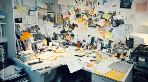 Chaotic Workspace with Papers, Notes, and Cluttered Desk Items photo