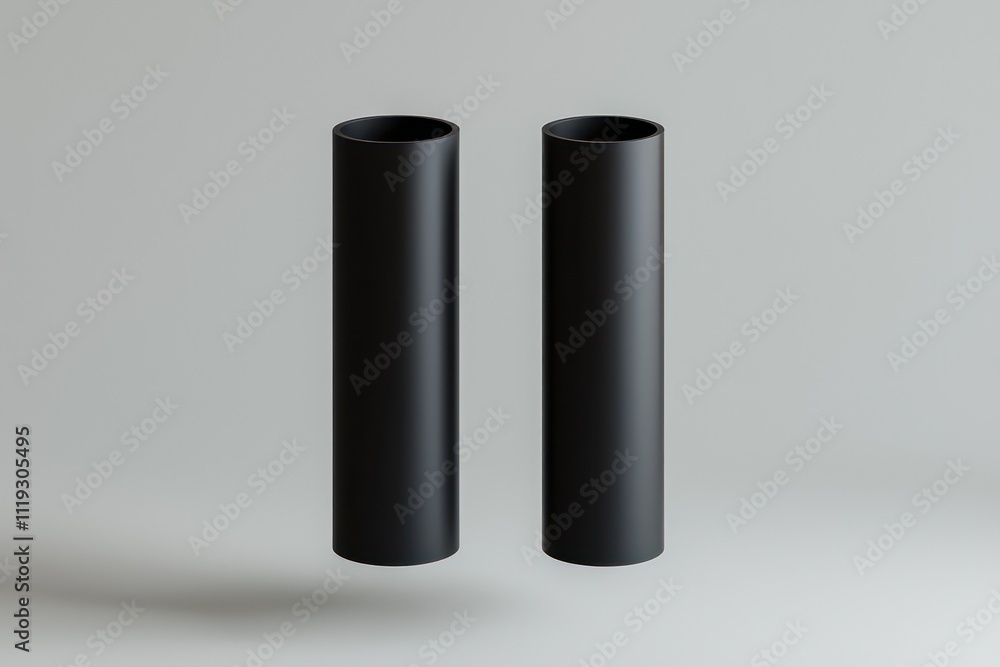 3D render of two matte black paper tubes floating with minimal shadow on a neutral background. 3D render of two matte black paper tubes floating with minimal shadow on a neutral background.