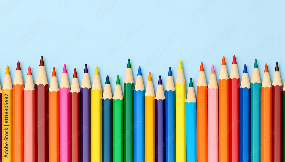 Colorful pencils arranged in a row on blue background with top space Colorful pencils arranged in a row on blue background with top space