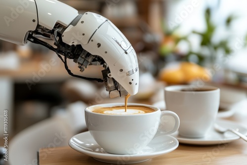 A robotic hand pouring freshly brewed coffee into a cup showcases precision and modern technology in an everyday setting, merging robotics with hospitality art. photo