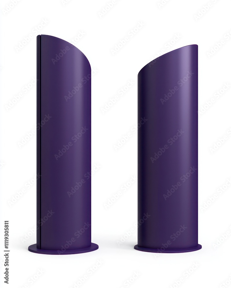 Curved deep purple cylinder display stand in front, side, and top views, placed on a white background. Curved deep purple cylinder display stand in front, side, and top views, placed on a white background.