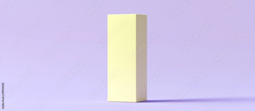 3D mockup of a pastel yellow rectangular box, slightly tilted, isolated against a lavender backdrop. 3D mockup of a pastel yellow rectangular box, slightly tilted, isolated against a lavender backdrop.