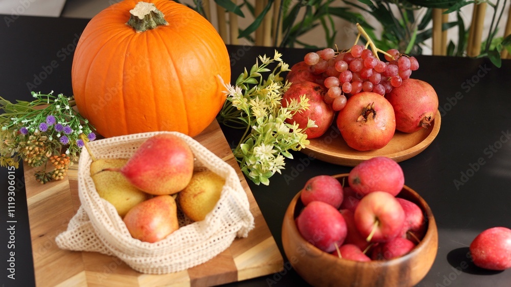 Autumn display features pumpkin, pears, pomegranates, grapes, apples with greenery, creating natural eco fruits presentation, highlighting seasonal vibe and eco-friendly harvest decor. Autumn display features pumpkin, pears, pomegranates, grapes, apples with greenery, creating natural eco fruits presentation, highlighting seasonal vibe and eco-friendly harvest decor.