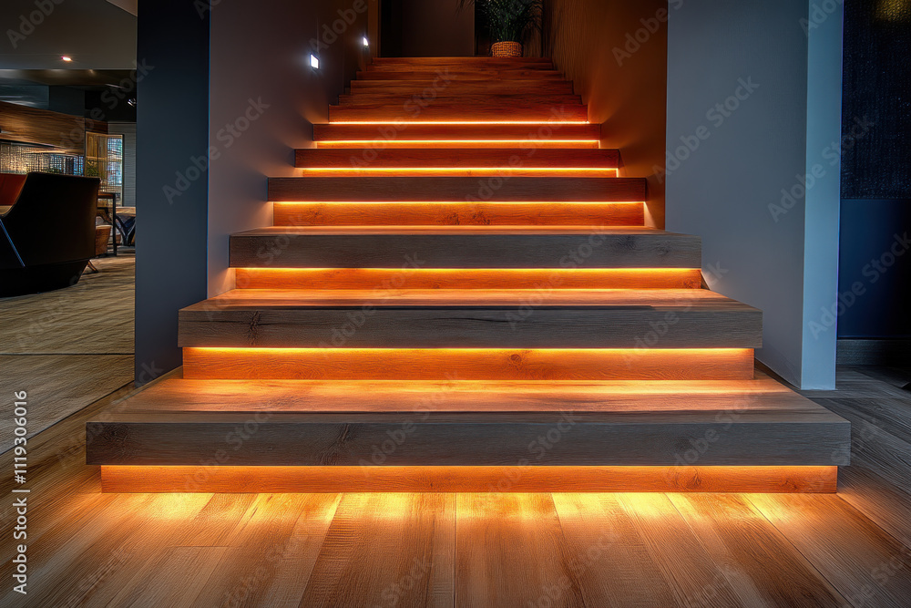 Obraz premium Illuminated wooden staircase with orange lighting in modern interior.
