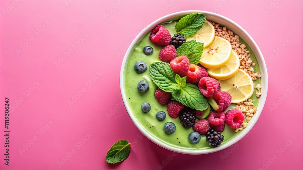 Vibrant Green Smoothie Bowl Topped with Raspberries, Blueberries, Blackberries, Lemon, Mint, and Granola Vibrant Green Smoothie Bowl Topped with Raspberries, Blueberries, Blackberries, Lemon, Mint, and Granola