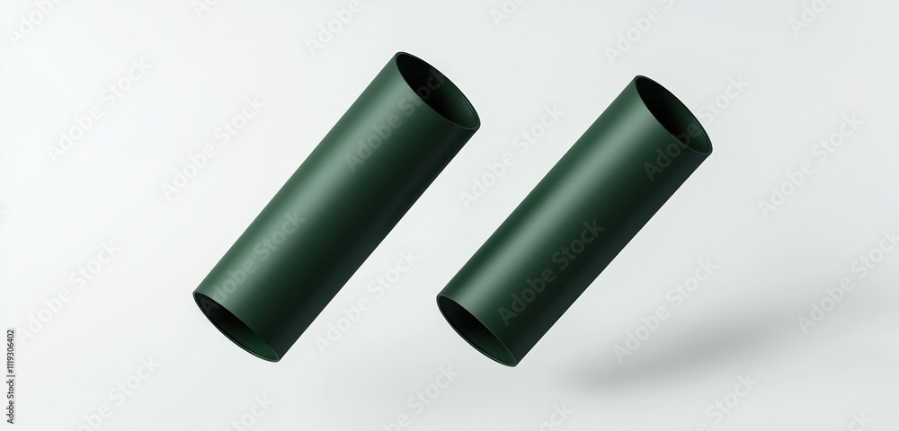High-quality render of two green paper tubes in a minimalist design on a white surface. High-quality render of two green paper tubes in a minimalist design on a white surface.