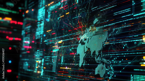 A cybersecurity expert analyzes network vulnerabilities on a large screen showing lines of code, warning symbols and interconnected servers, highlighting the insecurity of telecommunications systems.