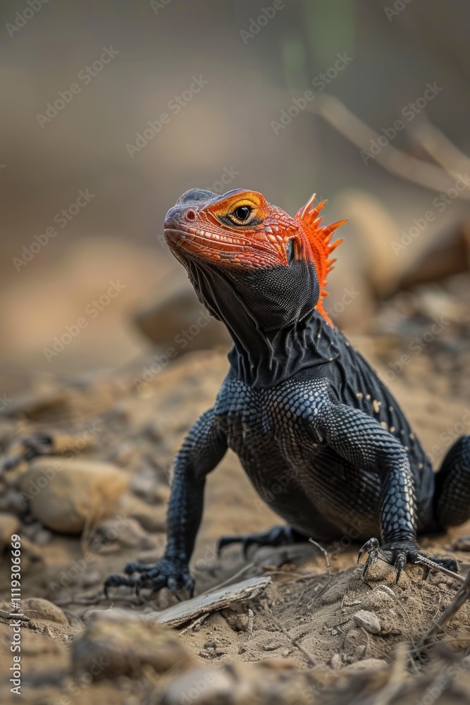 A red-inspired agamid lizard with a black body and orange head A red-inspired agamid lizard with a black body and orange head