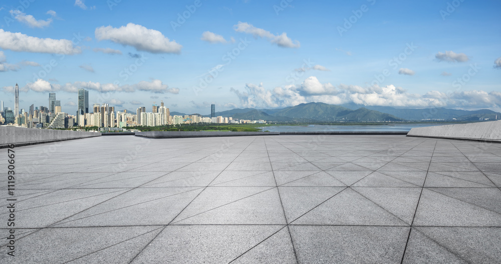 Empty square floor and city skyline with modern buildings scenery in Shenzhen. Outdoor city background. Empty square floor and city skyline with modern buildings scenery in Shenzhen. Outdoor city background.