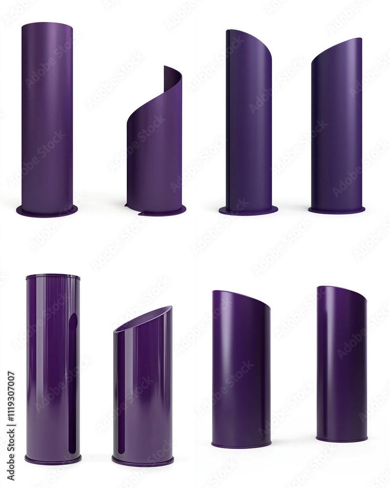 Deep purple curved display stand shown from front, side, and top views against a white background. Deep purple curved display stand shown from front, side, and top views against a white background.