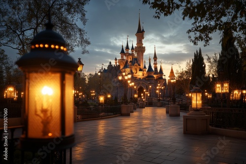 A beautifully illuminated castle stands majestically at night in a theme park, creating a fairytale-like ambiance with glowing warm lights and enchanting atmosphere.