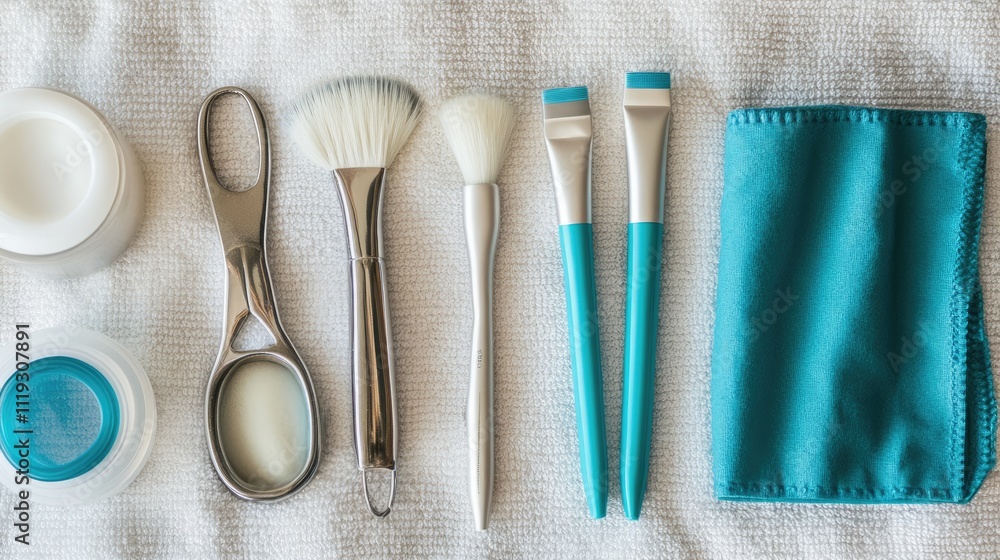 Elegant Arrangement of Beauty Tools on Soft Textured Surface Elegant Arrangement of Beauty Tools on Soft Textured Surface