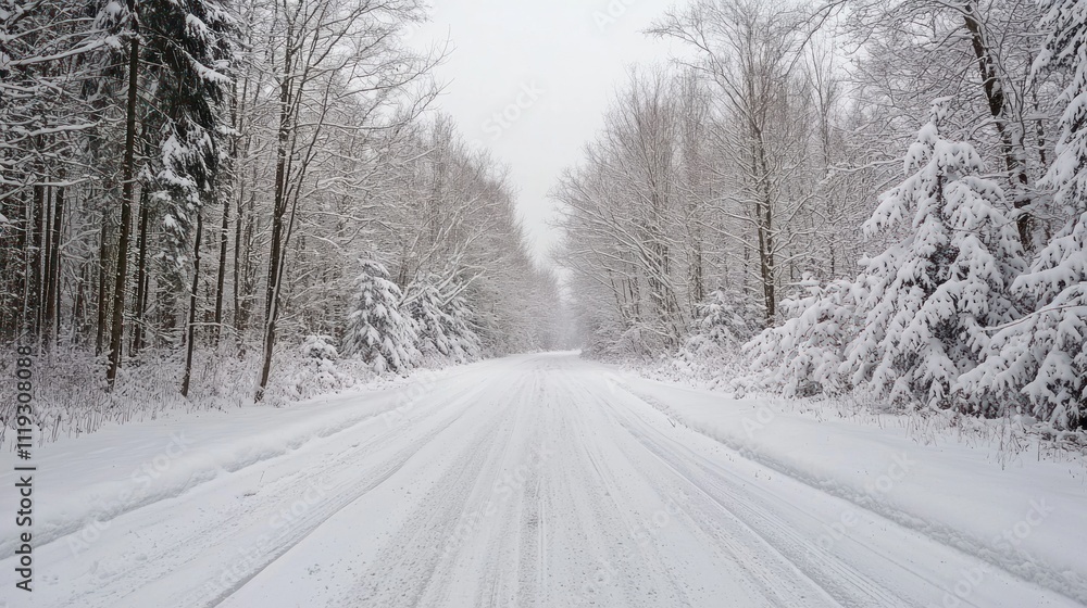 Winter road covered in snow, with tire tracks visible and trees blanketed in white Winter road covered in snow, with tire tracks visible and trees blanketed in white