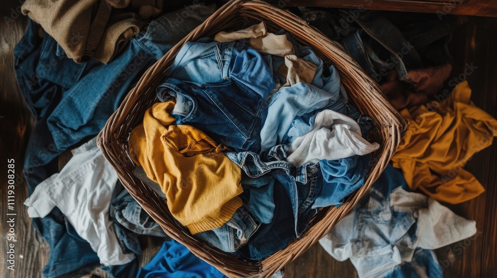 Messy Laundry Basket with Mixed Clothes on Wooden Floor Above View Messy Laundry Basket with Mixed Clothes on Wooden Floor Above View