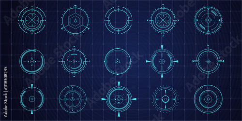 Hud aim pointer optical target, Futuristic focus range indicators, laser crosshair collimator sight. Measurement sniper for sniper gun. Game interface design ui element