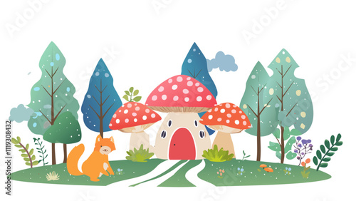 playful, colorful vector illustration of a whimsical fairytale forest, featuring adorable animals, mushrooms, and a magical vibe