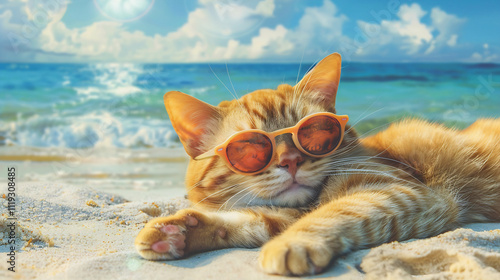 cute cat sunbathing on the beach