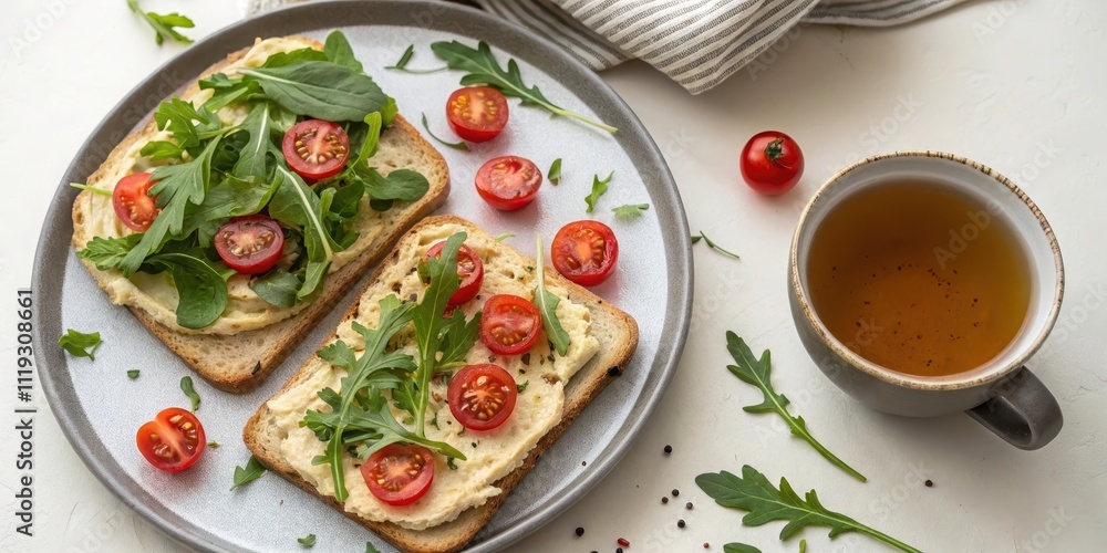 Aromatic herbal tea and two slices of toasted bread topped with creamy hummus, vibrant cherry tomatoes, and fresh arugula leaves Aromatic herbal tea and two slices of toasted bread topped with creamy hummus, vibrant cherry tomatoes, and fresh arugula leaves