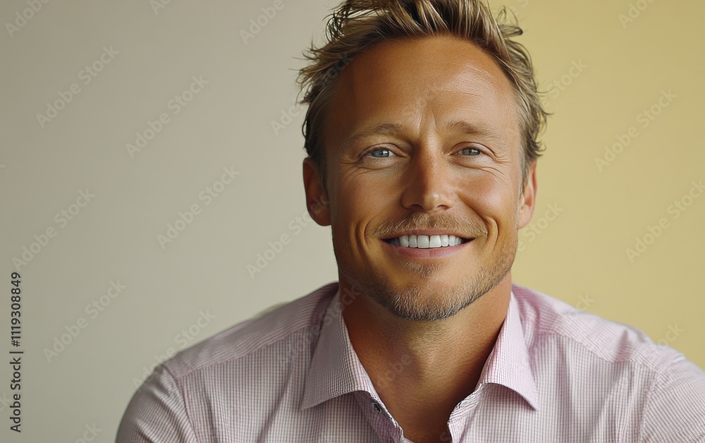 A man with a smile on his face is wearing a pink shirt A man with a smile on his face is wearing a pink shirt