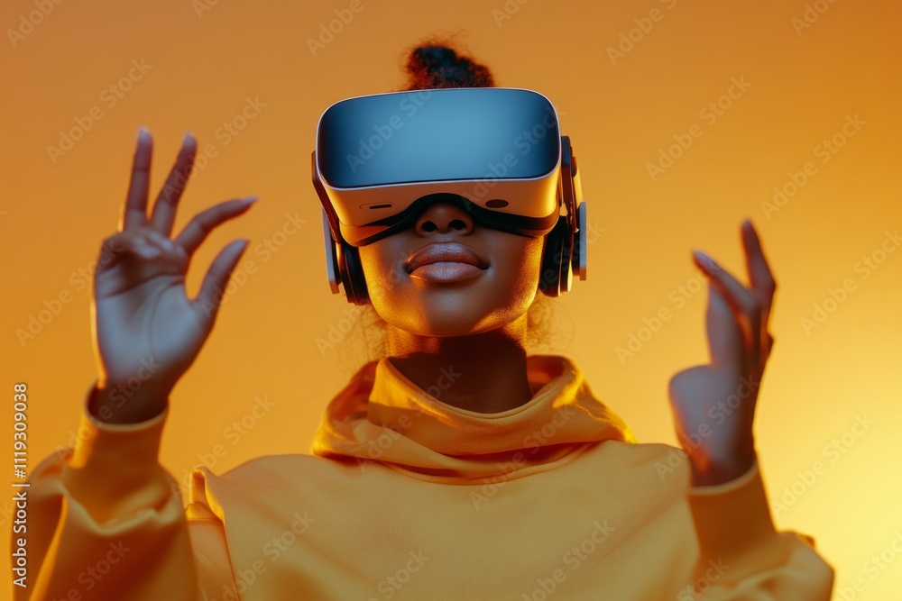 A woman wearing a virtual reality headset is visually immersed in an experience, highlighted by warm lighting and a futuristic, engaging digital environment. A woman wearing a virtual reality headset is visually immersed in an experience, highlighted by warm lighting and a futuristic, engaging digital environment.
