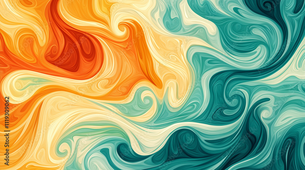 Obraz premium Abstract colorful swirl background in orange, yellow, and teal tones with copy space