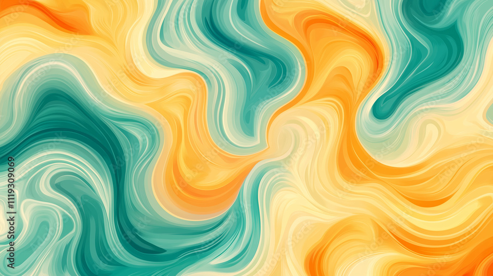 Fototapeta premium Colorful abstract fluid background with orange, yellow, and teal swirls and copy space