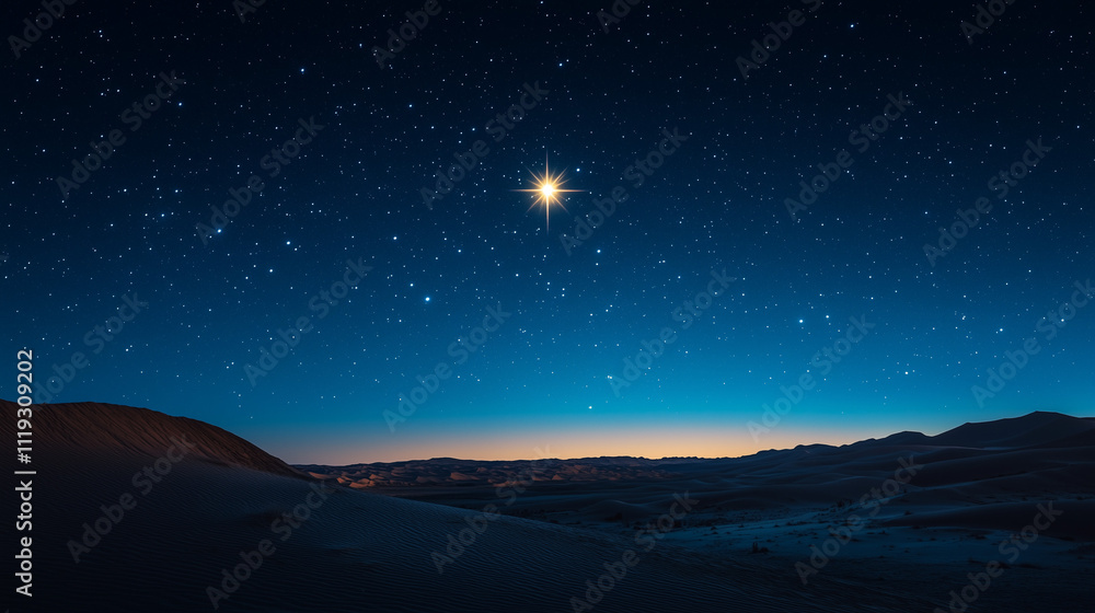 Bright star shining in the twilight sky over a sandy desert landscape Bright star shining in the twilight sky over a sandy desert landscape