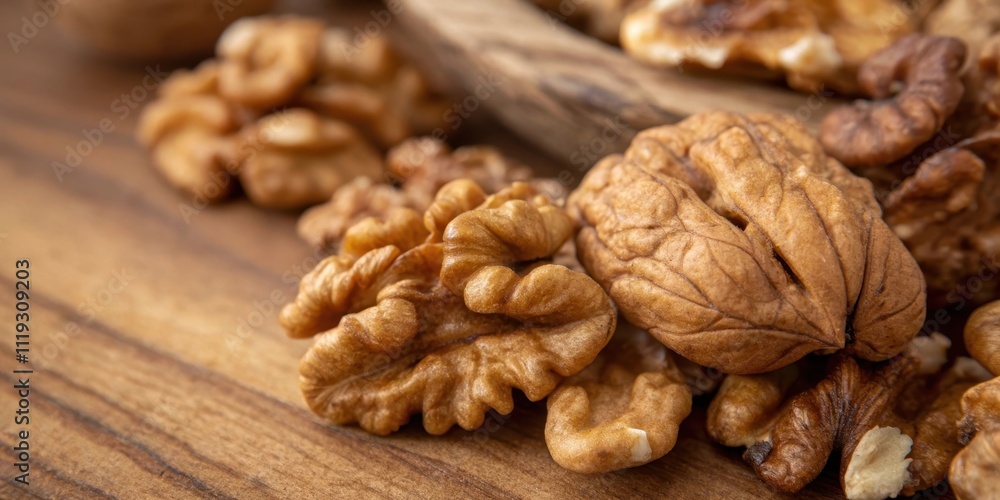 Close-up view of shelled walnuts on a wooden surface, showcasing their rich brown color and intricate textures. Close-up view of shelled walnuts on a wooden surface, showcasing their rich brown color and intricate textures.