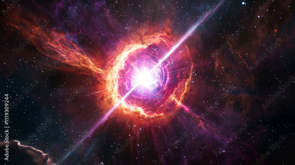vibrant depiction of pulsar emitting intense beams of radiation, surrounded by colorful cosmic gases and stars in deep space, showcasing beauty of astrophysical phenomena vibrant depiction of pulsar emitting intense beams of radiation, surrounded by colorful cosmic gases and stars in deep space, showcasing beauty of astrophysical phenomena
