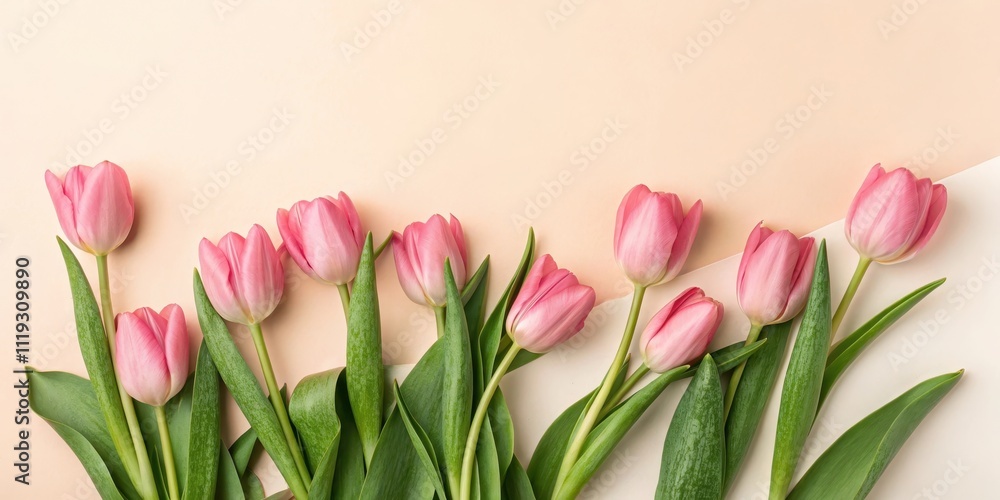 A delicate arrangement of pink tulips on a soft pastel background creates a springtime floral border A delicate arrangement of pink tulips on a soft pastel background creates a springtime floral border