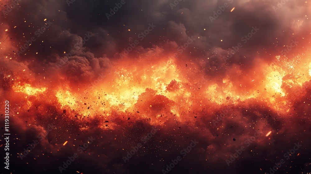 Naklejka premium Fiery Inferno Background Explosion Fire Smoke Burning Clouds Ashes