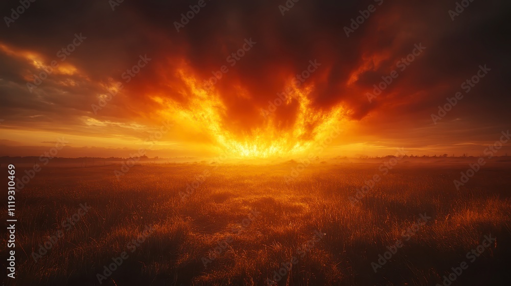Fiery Sunset Over Grassland Dramatic Sky Golden Hour Fiery Sunset Over Grassland Dramatic Sky Golden Hour