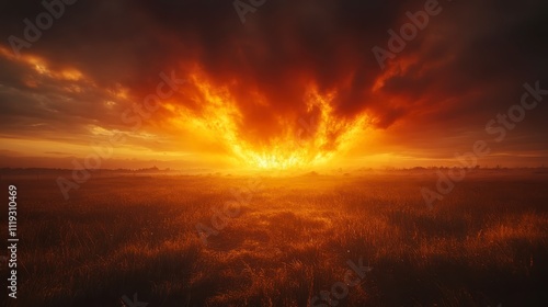 Fiery Sunset Over Grassland Dramatic Sky Golden Hour