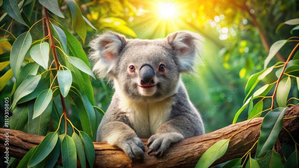 Fototapeta premium Adorable and Funny Koala Holding Eucalyptus Branch in Nature, Quirky Wildlife Photography, Cute Animal Portraits, Australian Wildlife, Playful Koala Moments, Nature and Animals