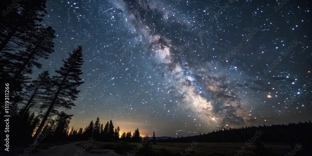 A Serene Night Sky Displaying the Milky Way Galaxy over a Silhouetted Forest A Serene Night Sky Displaying the Milky Way Galaxy over a Silhouetted Forest