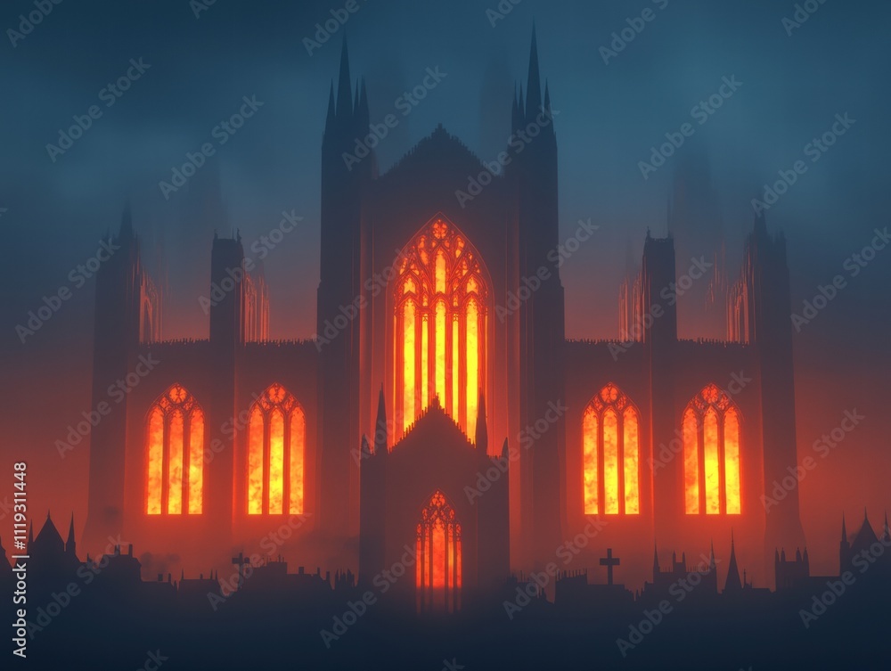 A dark, atmospheric scene of a Gothic cathedral illuminated by fiery orange light, surrounded by mist, creating an eerie and dramatic effect. A dark, atmospheric scene of a Gothic cathedral illuminated by fiery orange light, surrounded by mist, creating an eerie and dramatic effect.