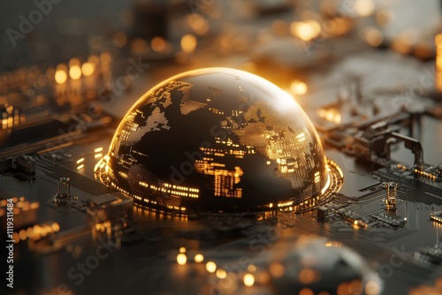 Wallpaper Mural A futuristic depiction of a digital globe integrated into a circuit board, illuminated with glowing city lights, symbolizing connectivity and technology merging seamlessly. Torontodigital.ca