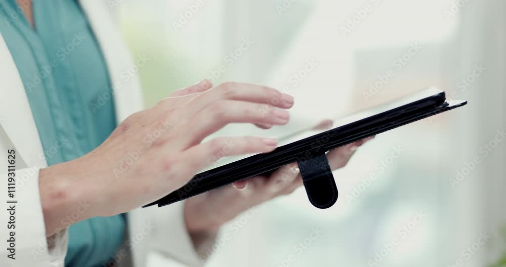 Tablet, hands and business woman research, check email or scroll for investment update in office. Closeup, digital technology and work online for profit results, revenue app and finance information Tablet, hands and business woman research, check email or scroll for investment update in office. Closeup, digital technology and work online for profit results, revenue app and finance information